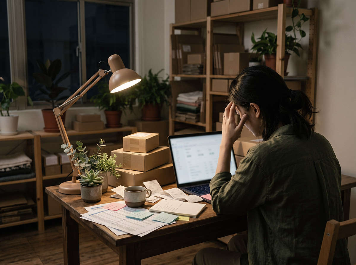 深夜在檯燈下扶著額頭的賣家，桌上堆滿報表與收據