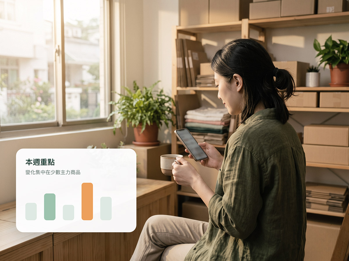 早晨在窗邊拿著咖啡、用手機看報告的賣家